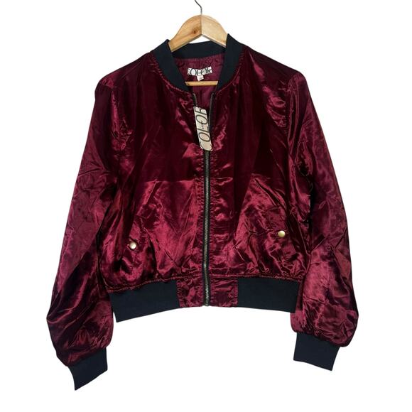NWT Color Story Bomber Jacket Womens M Red Satin Zip Up Ribbed Y2K Streetwear - Picture 1 of 9